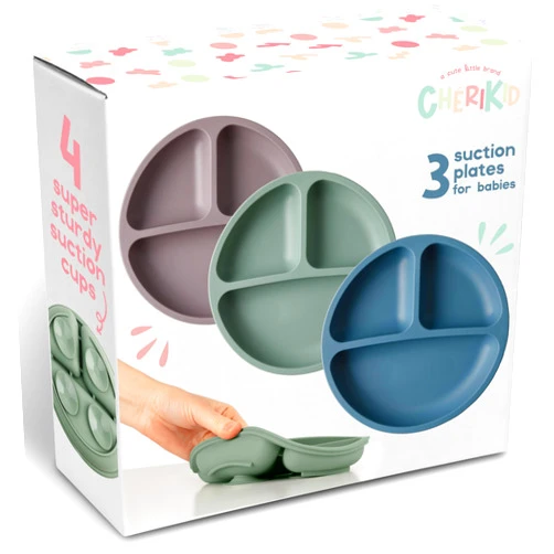 ChériKid Suction Plates for Baby, Toddlers - FEATURES SUPER STRONG QUADRUPLE SUCTION - 100% Food Grade Silicone Toddler Plates with Suction - Unbreakable Divided Kids Baby Plates - Suction Plate