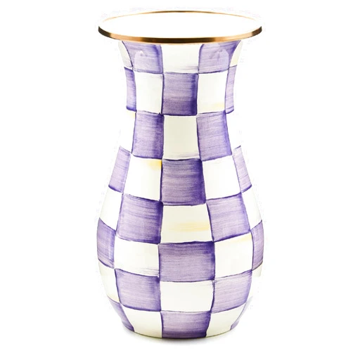 MACKENZIE-CHILDS Enamel Vase, Unique Flower-Vase Decor for Living Room, Tall, Purple-and-White Violet Check
