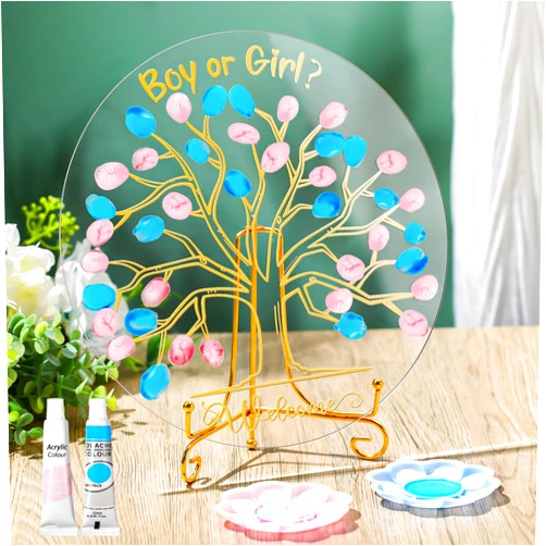 Pasimy Gender Reveal Fingerprint Tree Boy or Girl Party Ideas Baby Shower Guest Book Party Game Gender Reveal Party Supplies with Palettes Paints for Baby Shower Guess Gender He or She Party Keepsake