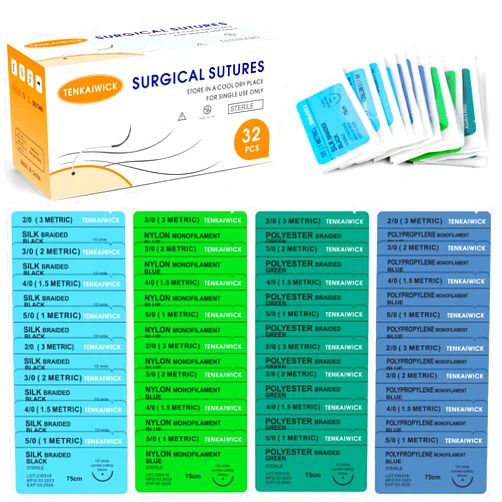 TENKAIWICK 32 Packs Sutures Thread with Needle,Mixed Sutures, Training Threads (Non-Absorbable: Nylon, Polyester, Polypropylene,Silk,4 Material) for Practicing Suturing can be Used for Suture Pads, Fruit peels