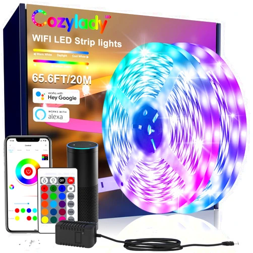 Cozylady 65.6ft Smart Led Strip Lights for Bedroom, Work with Alexa,5050 RGB Color Changing Music Sync Led Lights Strip with App Remote,Multi-Color Wireless Led Lights for Bedroom (APP+Remote+Voice)