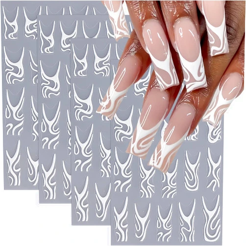 SHUXILIN 4Pcs White Swirls Lines Nail Stickers 5D Micro-Embossed Fantasy Wave Nail Art Stickers Abstract Lines Nail Decals Simple Design for Women Girls Daily Manicure French Embossed Engraved Nail Decorations