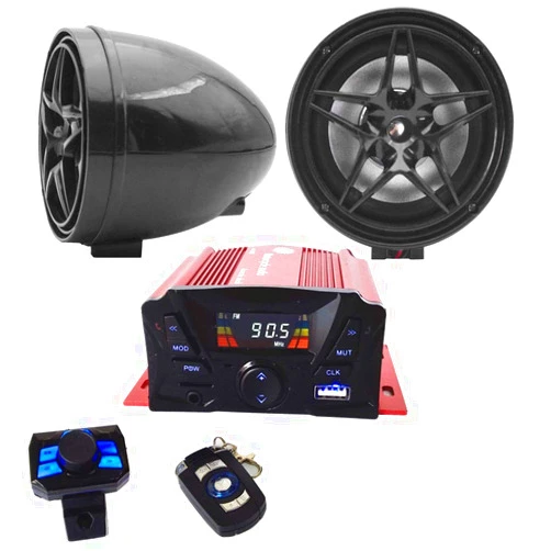 XYC 12V Motorcycle Waterproof FM USB 4 Channel 3 Inch UTV ATV Bluetooth Amplifier Sound System Audio Stereo Hand-Free Speakers Audio (2 Speakers Black)