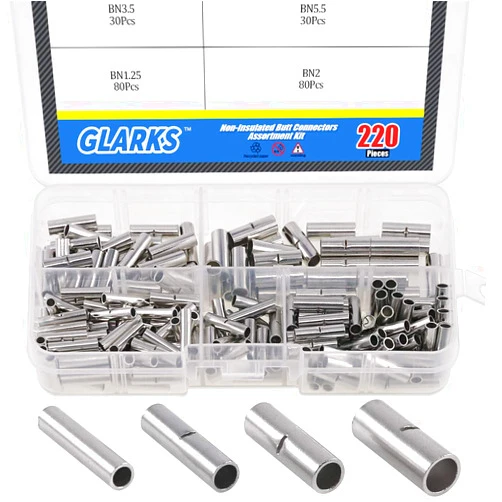 Glarks 220Pcs Non-Insulated Butt Connectors Assortment Kit, 22-16/16-14/14-12/12-10 AWG Gauge Seamless Uninsulated Electrical Wire Ferrule Cable Crimp Terminal Kit for Electrical Splice DIY