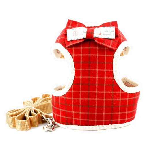 Zunea Small Dog Harness and Leash Set No Pull Adjustable Puppy Vest Harnesses with Bowknot Plaid Escape Proof Cat Harness for Walking Soft Mesh Padded Pet Girl Boy Harness for Chihuahua Puppia Red L