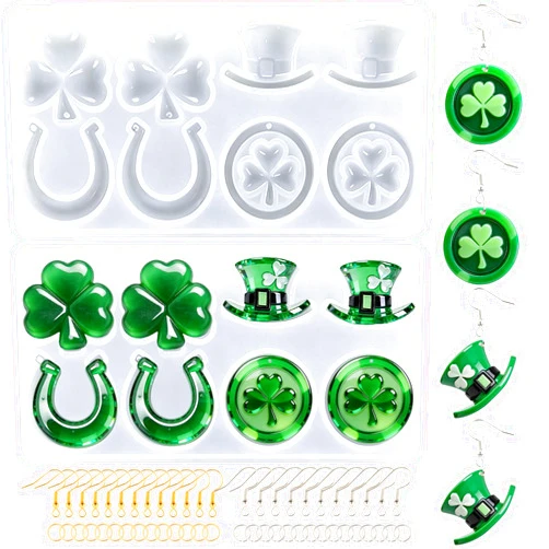 JHYlilia St Patricks Day Resin Molds Silicone, 2Pcs Shamrock Earring Silicone Mold Lucky Clover Horseshoe Hat Epoxy Casting Mould with 200 Earring Hook for Irish Festival Keychain Pendant Necklace Spring Party