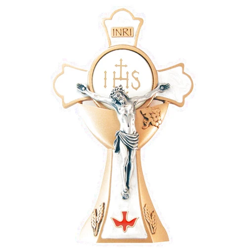 Truefaithgifts 6 Inch Holy Mass Confirmation Standing Crucifix - White Pearlized Epoxy with Antique Pewter Finish Corpus