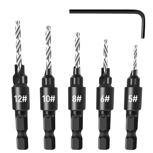 Fixinus 5 Piece Countersink Drill Bit Set for Woodworking, Fixinus 1/4” Hex Shank HSS Counterbore Hole Drill Bit, 5/6/8/10/12# Counter Sinker Set with L Wrench