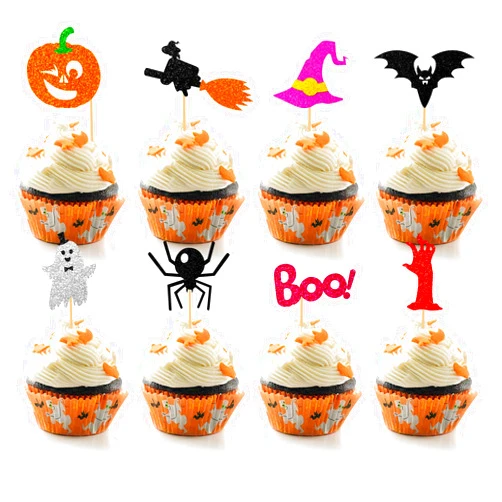 MOAXMOA 40 Pieces Happy Halloween Cupcake Toppers with Pumpkin Boo Ghost Witch Spider Hat Bat Cake Picks for Kids Halloween Themed Birthday Party Decorations