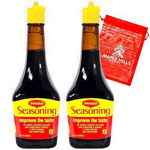 SENTICUM Maggi Seasoning 2 Bottle Bundle Pack - 2 6.7 Ounce Bottles of Maggi Seasoning Sauce to Improve Tastes of Soups, Sauces, Vegetables in Just a Few Dashes - With Maple Hills Market Snack Bag