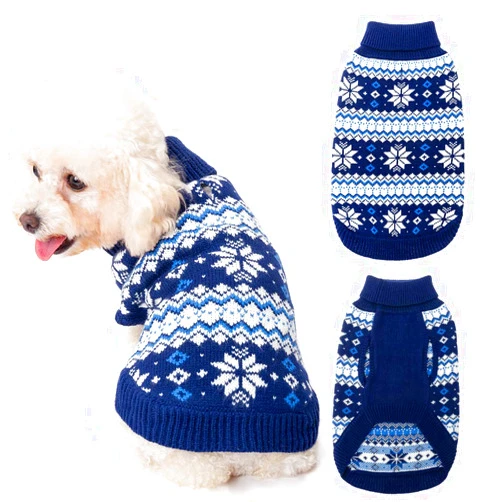 KOOLTAIL Cable Knit Small Dog Sweater Turtleneck, Cold Weather Pullover Classic Knitwear with Leash Hole, Snowflake Pattern Thick Warm Winter Pet Clothes, Medium Dog Christmas Sweater, Navy Blue S