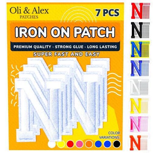 Oli and Alex Iron On Letters 2.4 inch - 7 pcs of N White Patches Letters for Clothing - Super Glue - No sew Needed - Embroidery Alphabet Football Team School University - White, N