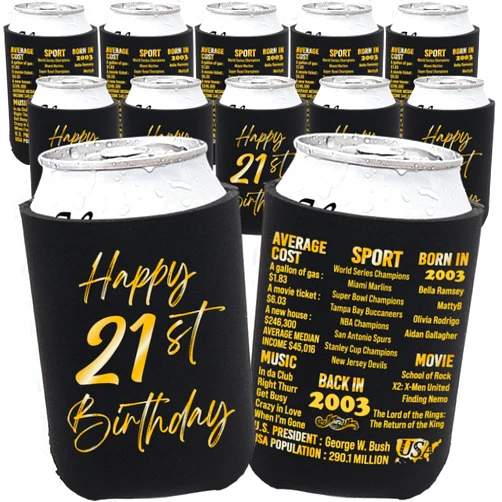 BackURyear 21st Birthday Decorations for Him Her, Birthday Decor for 21 Years Old Boy Girl, 21st Birthday Supplies for Women Men, Back in 2003-21st Birthday Can Cooler Sleeves- 12Pcs Black&Gold
