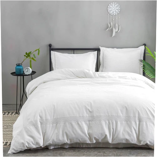 BISELINA Linen Duvet Cover Set 2pcs French Vintage Crocheted Lace Flax Cotton Blend Solid Color Shabby Chic Boho Luxury Farmhouse Bedding (Twin, Lace White)