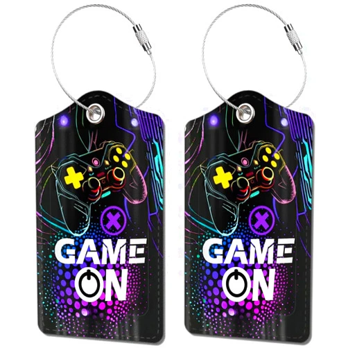 BestEioyo 2 Pack Luggage Tag for Suitcase, Cute Unique Leather Bag Tags Identifiers Privacy Cover ID Label with Durable Steel Loop for Women Men Kids Girls Travel, Game on