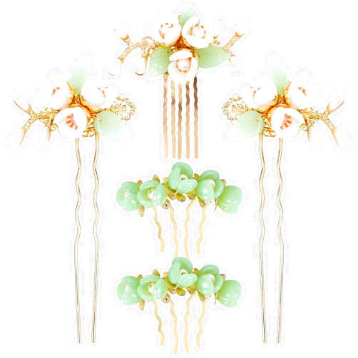 inSowni 5 Pieces Vintage Retro Traditional Asian Chinese Hanfu Pearl Green Jade Flower Hair Side Combs Slides Metal Hair Pins Sticks Chopsticks Bun Updo Holders Hair Accessories for Women Girls