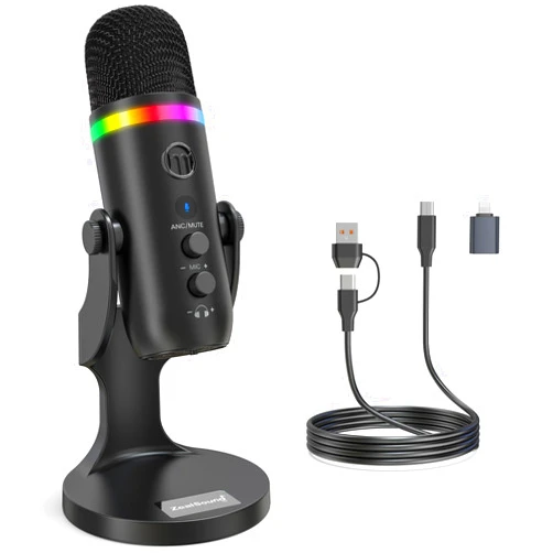 ZealSound USB Microphone,Noise Cancellation Condenser mic with Touch Mute,Gain,Echo,Monitoring,RGB Light for iPhone,iPad,Streaming,Podcast,Twitch,YouTube,Discord,PC,Computer,PS4,PS5,Mac,GamerWave K66