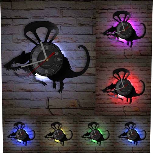 Timethink 12'' Banksy Rat LED Wall Art Clock with 7 Colors Changing, Flying Helicopter Rat Cute Paratrooper Mouse Decorative Silent Quartz Night Light Vinyl Record Wall Clock Watch Living Room Decor