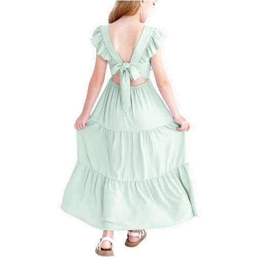 HIGHUZZA Girls Summer Dresses Tween Tie Back Ruffle Sleeve Kids Swing Flowy Casual Beach Maxi Dress