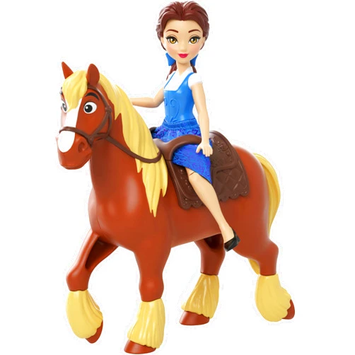 Mattel Disney Princess Belle Small Doll and Philippe Horse Figure with Saddle, from Disney Movie Beauty and the Beast, Posable