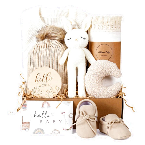meloom Baby Gift Set, Unisex Newborn Gifts Box, Boho Gender Neutral Baby Essentials, for New Mom, New Baby Gifts for Boys and Girls, Personalized Gift Basket for New Babies