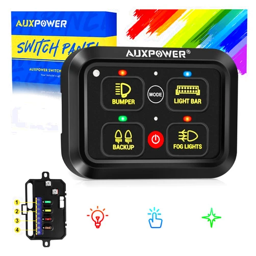 Auxpower 4 Gang RGB Switch Panel A24 Automotive Switch Panel with 3 Lighting Modes Built-in Solid State Relays Auto Dimmable Backlit Off Function 12V Waterproof Control Panel for Truck Marine UTV Car