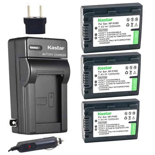 Kastar Battery (3-Pack) + Charger for Sony NP-FH50, NP-FH40, NP-FH30 and DSLR-A230, DSLR-A330, DSLR-A290, DSLR-A380, DSLR-A390, HDR-TG1E, HDR-TG3, HDR-TG5, HDR-TG7, DSC-HX1, DSC-HX200, DSC-HX100V