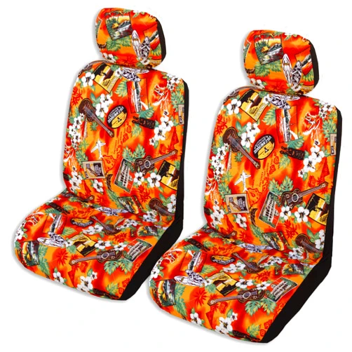 Winnie Fashion 2 Hawaiian Car Seat Covers w/Headrest Covers (Kona Music Orange, Single Armrest Customized)