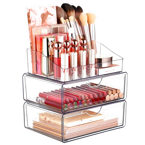 Vtopmart 3 Tier Clear Makeup Organizer with Drawer, Cosmetic Storage for Dresser Countertop and Bathroom Vanity, Beauty Holder for Lipstick Brush Skincare
