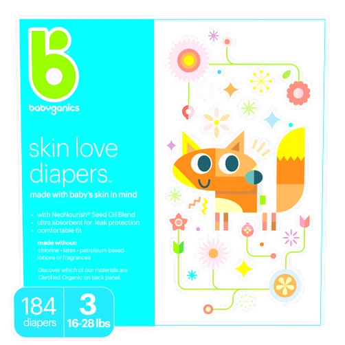 Babyganics Baby Diapers, Size 3 (16-28 lbs) 184 Count- Ultra Absorbent, Unscented, Made without Chlorine, Latex