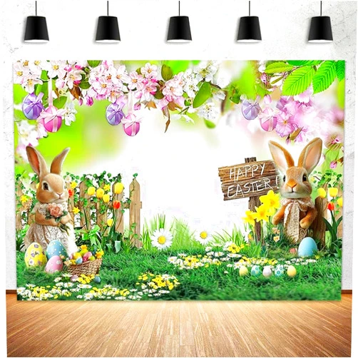 Haigou 7x5 ft Easter Backdrop Spring Easter Photography Backdrop Green Grass Lawn Pink Floral Fence Background Easter Theme Kids Adult Party Decoration Banner