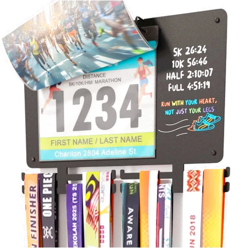 BLAUBECK Medal Hanger Display for Runners, Marathon Medal Holder Display Wall Hanger and Race Bib Boards Holder with Chalkboard Marker - Holds up to 50 Medals, 40 Race Bibs