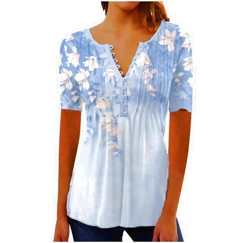 Generic Fajjha Women's Blouses Shirts, Tops Summer Tops V Neck T Shirts for Women Button Down Short Sleeve Shirts Blouses Shirts D Sky Blue Large