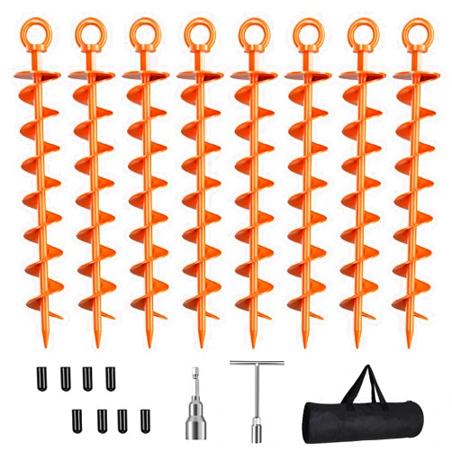 Phopich Ground Anchor Screw in, 8 Pack Spiral Trampoline Anchors with Nut and Tool Swing Set Anchors Tent Stakes High Wind Heavy Duty for Sheds, Carports, Mobile Home Orange