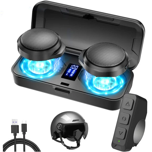 3T6B Motorcycle Bluetooth Headset with Charging Case, Helmet Bluetooth Speaker with Microphones & Remote Control, 1900mAh Battery, 50Hours Work Time, True Wireless Headsets for Riding and Skiing