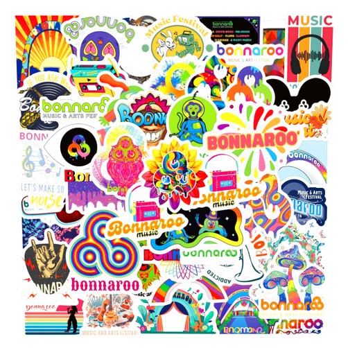 FUNSTERSIN 60pcs Cool Bonnaroo Stickers, Trendy Music and Arts Festival Waterproof Vinyl Stickers for Water Bottles Phone Laptop Skateboard Guitar Notebook Luggage Car