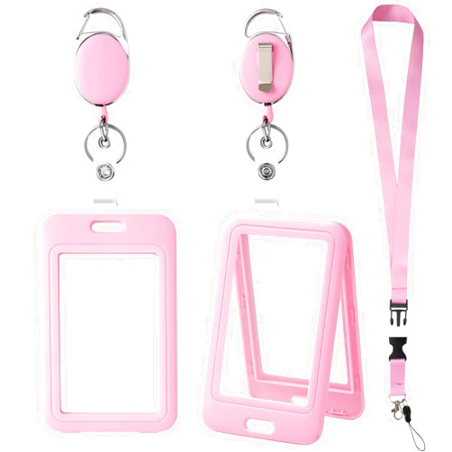 Luckyczc ID Badge Holders and Retractable Reel Clips,Lanyard with Release Buckle, Key Card Holder Nametag Protector for Nurse Women Girl Kid Office Teacher Doctor Student (Pink Vertical,Double-Sided Clear)