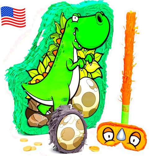 JitteryGit Dinosaur Pinata Treasure Hunt Game | Birthday Party Complete Set | 13 X 11 In | Includes - Dino Piñata, Egg (Mini) Piñata, Blindfold, and a Bat | A Fun Spin on the Traditional Pinata