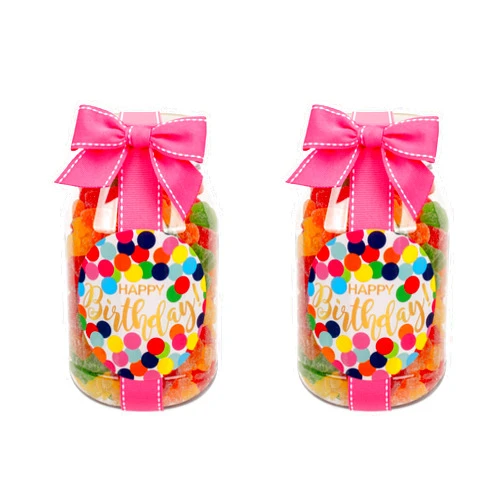 100 North Oh Sugar! Sweets! Happy Birthday! - Multicolor Confetti Dot 10 Ounce Plastic Quart Jar Sour Sugar Sanded Gummy Bears; Pack of 2