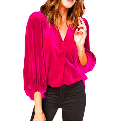 LEIYEE Womens Velvet Tops V Neck 3/4 Puff Sleeve Fall Winter Trendy Dressy Casual Loose Christmas Party Holiday Tunic Shirts