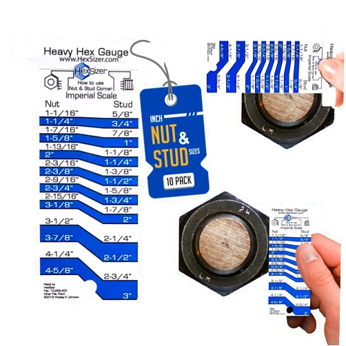 HexSizer 10 Pack Heavy Hex Nut, Bolt & Stud Gauge Tool - Durable Plastic Measuring Gauge Set, Compact, With Protective Vinyl Sleeve - Hardware Sizing Tool Identifier - Inch Measurement (Blue on White)