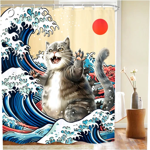 LGhtyro Japanese Funny Cat Kids Shower Curtain Bathroom Set 60Wx71H Inches Vintage Ocean Waves Sun Nautical Surfing Cool Hilarious Bath Accessories Cute Animal Pet Art Home Decor Fabric 12 Pack Hooks