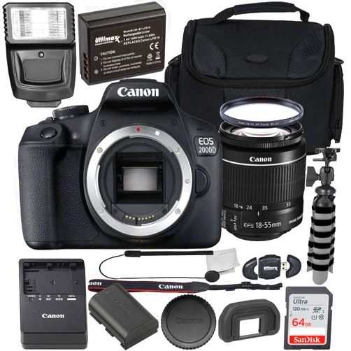 Canon EOS 2000D (Rebel T7) DSLR Camera with EF-S 18-55mm f/3.5-5.6 is II Lens + 64GB SDXC, Digital Flash, Extended Life Replacement Battery, Water Resistant Gadget Bag & More (19pc Bundle) (Renewed)