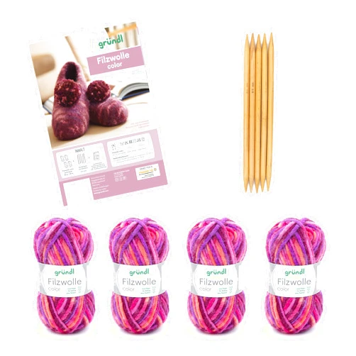 Grundl Gründl Wool Felting Wool Colour - Thick Wool for Felting in the Washing Machine for 1 Pair of Slippers with Instructions and Needle - Soft and Skin Friendly - 100% Virgin Wool - 4 Balls 50 g/50 m