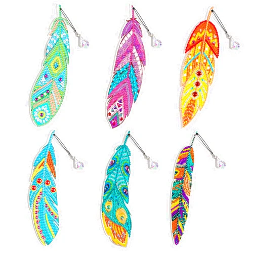 LazyFold 6 Pcs 5D Diamond Painting Bookmarks DIY Feather Bookmark Crystal Pendant Bookmark for Home Office School Class Project,Diamond Painting Beginner Arts Crafts Gifts