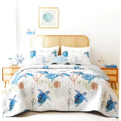 weigelia Coastal Quilt Set Queen Size - Sea Turtle Ocean Print Lightweight Soft Microfiber Summer Comforter with 2 Pillow Cases - Beach Bedding Coverlet Decor for All Seasons, Bedroom & Guest Room