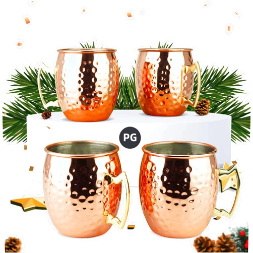 PG Moscow Mule Mugs | Large Size 19 ounces | Set of 4 Hammered Cups | Stainless Steel Lining | Pure Copper Plating | Gold Brass Handles | 3.7 inches Diameter x 4 inches Tall