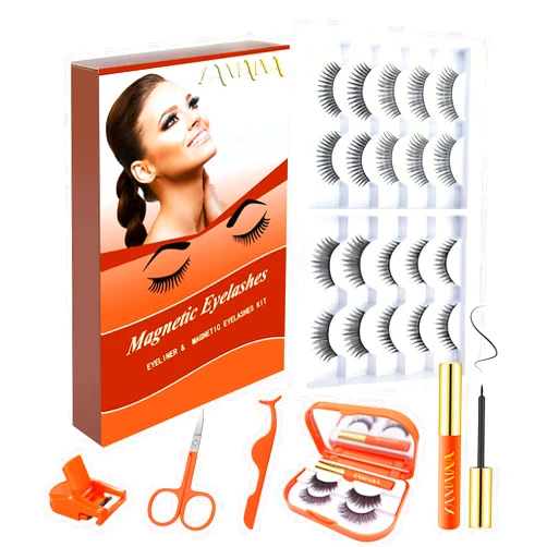 XAMAWA Magnetic Eyelashes with Eyeliner Kit 3D 5D 10 Pairs Reusable Lashes Natural Look 2 Pairs Of Thick Magnetic Eyelashes With You 2 Tubes of Magnetic Eyeliner with Scissors Tweezers & Mirror Case