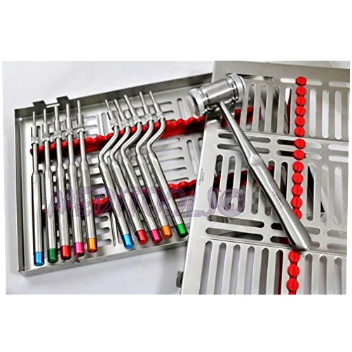 MEDITOOLS New German Grade Osteotomes Set (10 pcs) Color Coded with sterlization Cassette Adjustable Screw Straight Off Set Convex TIP for Dental Implantologists, Bone Spreading, Sinus Lift + Free Mallet