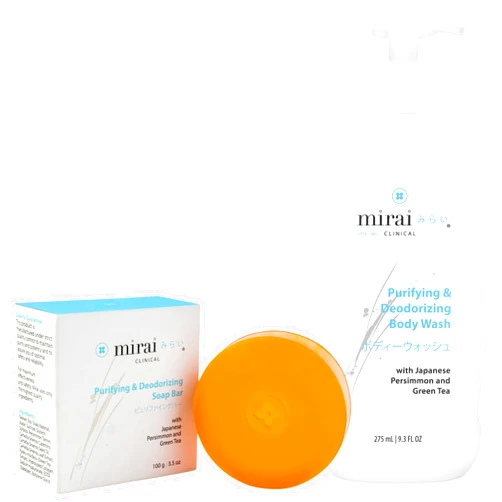 Mirai Clinical Dynamic Odor Defense Bundle: Purifying Body Wash (9.29 Fl oz) & Persimmon Soap Bar (100g) - Nonenal Defense with Persimmon & Green Tea - Japanese Natural Odor Solutions for Women & Men